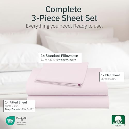 Image of Super Soft 100% Cotton Twin Sheets Set, 3 Pc Set, Pink | Lightweight & Breathable For Hot Sleepers, All-Around Elastic, Durable, Easy Care, OekoTex Certified