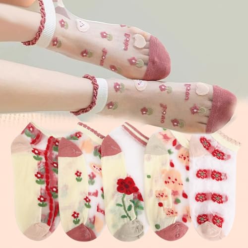 1pair Random Flower Pattern Crew Socks Fashionable Women Glass Fiber Comfortable Casual Sock Breathable Short Socks