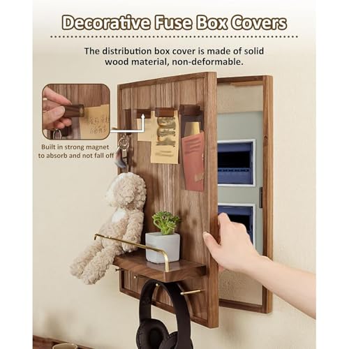 Wooden Decorative Breaker Box Cover with Shelf & Hooks, Wall-Mounted Electrical Panel Cover, Flip-Up Switch Box, Stylish Home Decor (23.6x27.6in)