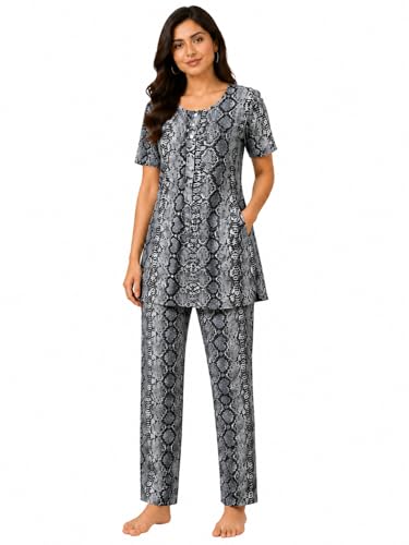 Image of KIAWAH Women Printed Night Suit Set, Cotton Blend Night Suit, A-Line Top and Pajama Set, Soft and Breathable Night Wear
