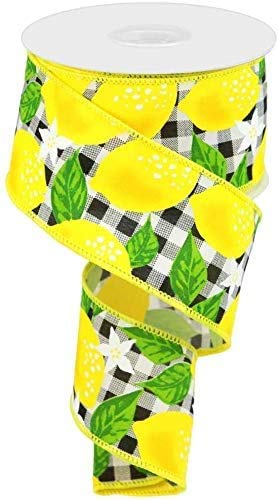 Image of Yellow Lemons Plaid Wired Ribbon - 2 1 /2 inch x 10 Yards, Black & White Checks, Spring Decor, Wreath, Gift Basket Decoration, Birthday, Picnic, Christmas, Mardi Gras, Easter