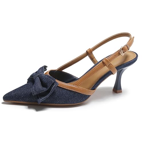 Escarpins denim femme talon chaton bas et mules bout pointu à nœud