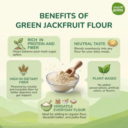 Image of StapleGreenz Jackfruit Flour 250g | Helps Balance Post Meal Sugar Spikes | High Fiber & Antioxidants | Neutral Taste | Add to Regular Flour, Dosa /Idli Batter | Gluten-Free & No Added Preservatives