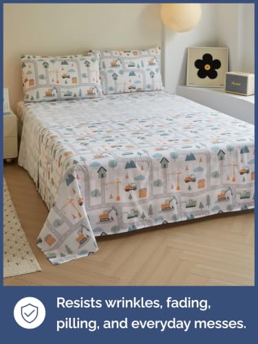 Image of Kids Queen Size Builder Bed Sheets - 4 Piece Kids Builder Sheet Set - Construction Themed Bedding - Ultra-Soft, Cute & Cozy - Breathable & Machine Washable - Bed Set for Boys, Girls, Teens & Toddlers