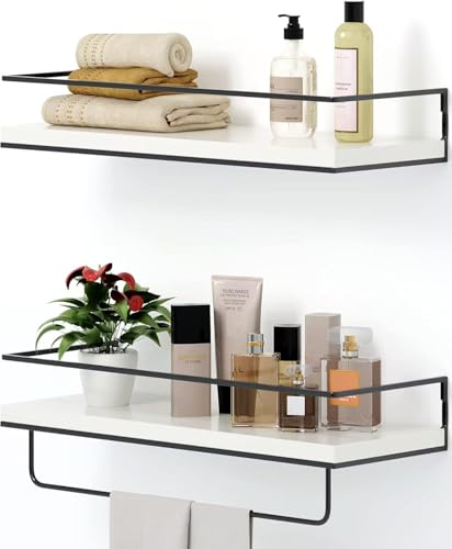 Image of Shario - Set of 2 Floating Shelves with Black Towel Bar Wall Hanging Decorative Storage Shelves for Bathroom, Kitchen, Living Room and Bedroom (Modern White)