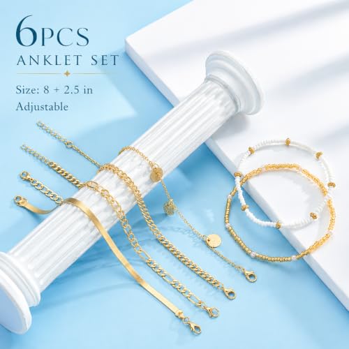 Image of iF YOU Gold Ankle Bracelets for Women, 14k Gold Plated Waterproof Cuban Link Chain Anklets Set, Layered Anklet Bracelets for Women Beach Gift Adjustable Size 5pcs