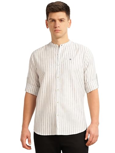 Image of Thomas Scott Men's Slim Fit Cotton Linen Casual Shirt with Mandarin Collar | Vertical Stripes | Three-Quarter Roll-Up Sleeves