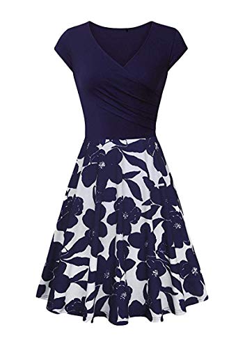 Yming Frauen Vintage Kurzarm Kleid Elegantes Swing Kleid Knielang Kleid Blumen/Marineblau XL