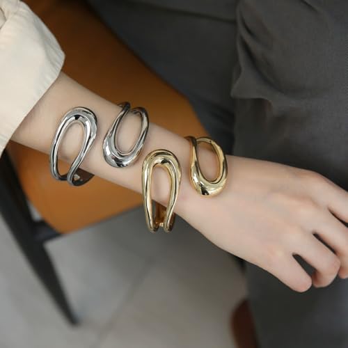 Gold Bangle Bracelets For Women, Polished Chunky Twisted Hinged Waterdrop Spiraled Oval Open Thick Cuff Statement Jewelry Gift3