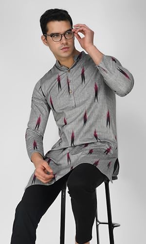 Image of Vastraa Fusion Men's Printed Kurta Pure Cotton Long Kurta, Round Collar, Full Sleeves, Button Kurta, Ethnic Wear