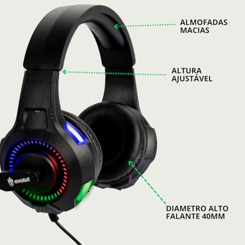 EPM Fone De Ouvido Headset Gamer Luz Led RGB Compatível com Computador, Celular, Video Games