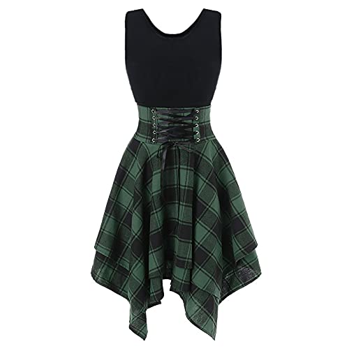 Adrette Kleider, ärmellos, schulterfrei, kariert, unregelmäßiges Kleid, Swing-Sommerkleid, grün, L