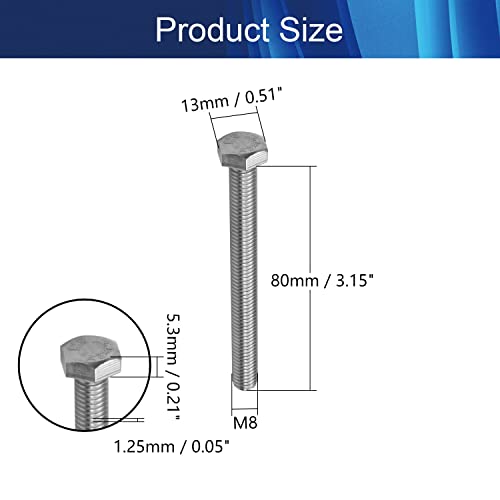 Image of M8 x 80mm Hex Bolts 304 Stainless Steel Hex Bolt 3.15 inch Length Fully Threaded Hex Tap Bolts Hex Head Screw Bolts 4Pcs Silver Tone