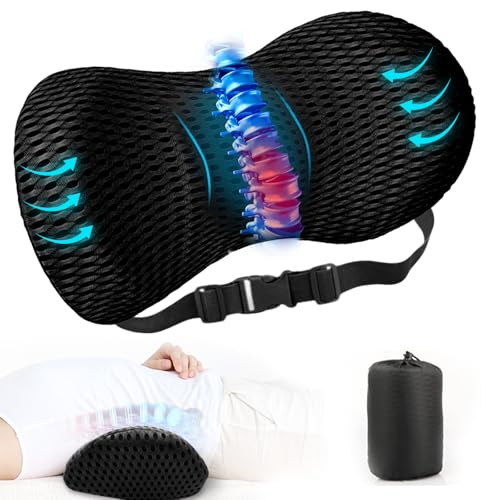 Tatqilo Lumbar Support Pillow, Memory Foam Back Support Cushion for Low Back Pain Relief, Ergonomic Streamline Back Pillow with Fixed Strap, Lumbar Pillow for Office Chair, Car Seats, Travel(Black)
