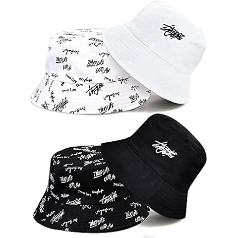 YMIFEEY 2Pcs Unisex Reversible Bucket Hat Cotton Foldable Beach Sun Hat Fisherman Hats Both Sides Wear Letter Outdoor Travel Holidays Cap for Women Men Teens (White+Black) Cover
