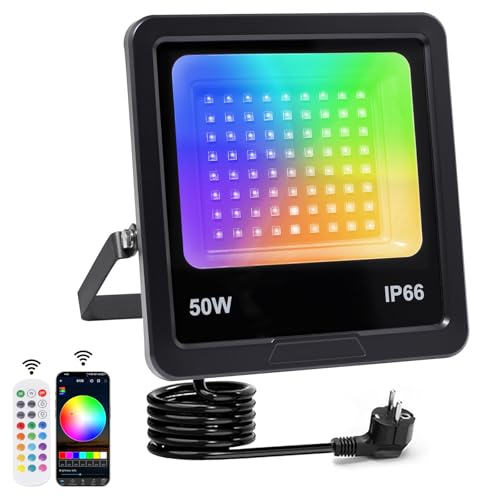 Eleganted Foco LED RGB Exterior 50W, Regulable Foco LED con APP Bluetooth y Mando a Distancia 2.4G, IP66, 16 Millones de Colores DIY, Para Jardín, Fiestas, Pascua, Halloween