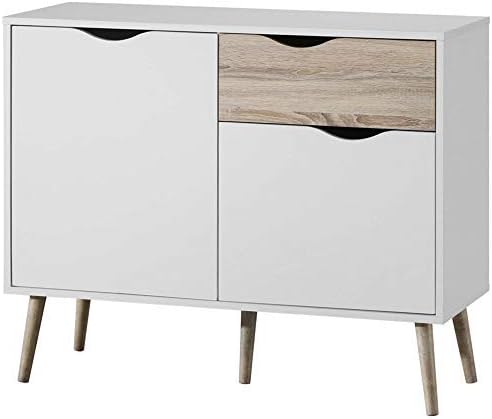 VonHaus Sideboard White & Oak Effect - Small Compact Sideboard Cabinet with 3 Storage Drawers & Cupboards  Nordic Scandi Style Furniture with Tapered Legs - Living Room, Lounge, Home Office & Hallway