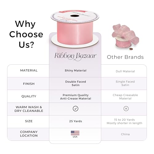 Image of Ribbon Bazaar Double Faced Satin - Premium Gloss Finish - 100% Polyester Ribbon for Gift Wrapping, Crafts, Scrapbooking, Hair Bow, Decorating & More - 1 /4 inch Pink 100yd Spool