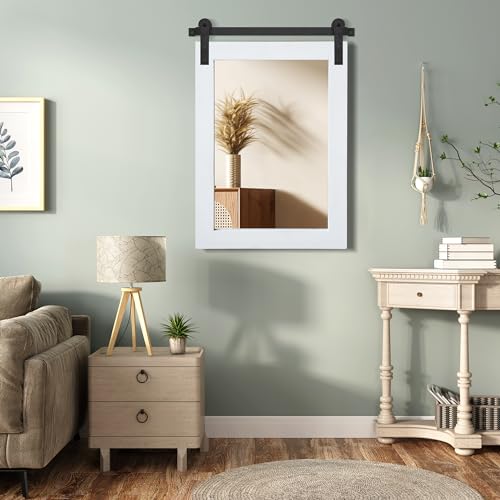 Image of COGOOD Farmhouse Barn Door Mirror - 25 x 38 Rustic Bathroom Mirror for Living Room, Entryway, Vanity Wall Decor (Pure White)