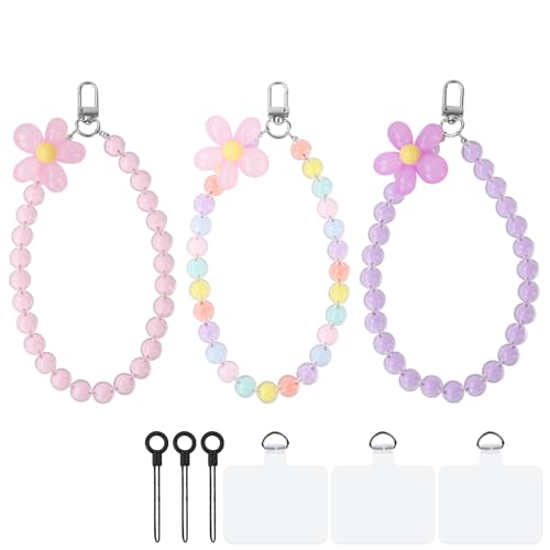 AULEEP 3pcs Purple and Pink Flower Charm for Women Girls, Cute Beaded Bracelet Wrist Strap Wristlet, Crystal Colorful Handmade Chain for iPhone and Other Cellphones