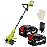 DEWINNER Tiller Cordless, 20V Electric Garden Soil Cultivator with 2×4.0Ah Batteries and Charger, 20cm Working Width, Powerful Soil Cultivator with Adjustable Handle and Gloves for Small Garden
