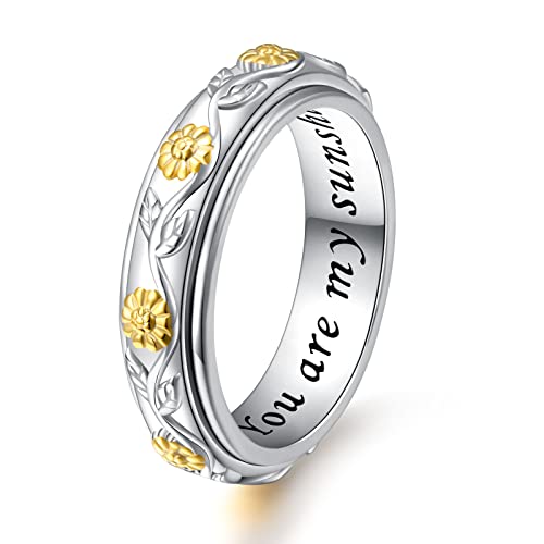 Ladytree Anxiety Spinner Ring - Sunflower 'You Are My Sunshine' Fidget Ring - Sterling Silver ADHD Stress Relieving Engagement Wedding Promise Band