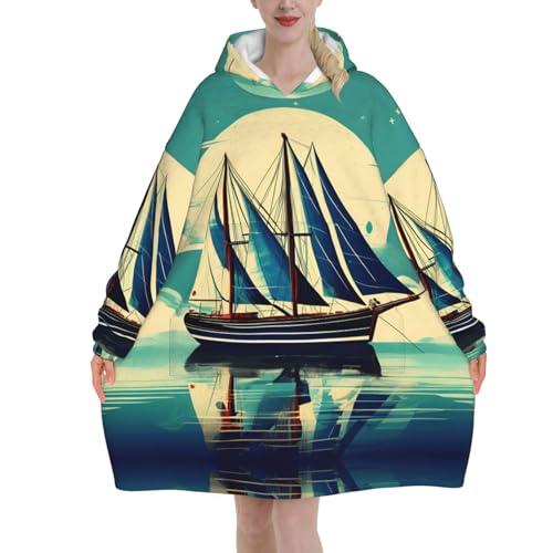 Couverture à capuche douce imprimé bateau à voile, le cadeau réconfortant