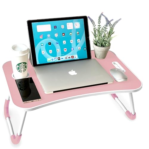 unycos - Bandeja para Cama, Mesa Plegable de Desayuno, Multiusos, Ideal para Portátil, Ordenador y Libros, Ergonómica, Mesa Auxiliar con Atril para Leer en la Cama 60x40x26 cm (Rosa sin Cajón)