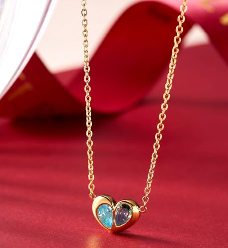 Ankiyabe Mother Daughter Necklace 14K Gold Plated Heart Pendant with 2 CZ Birthstones Mom and Me Gifts for Birthday 78 Combinations Available (27-Mar. & Jun.) by Ankiyabe - Used condition - US$12.61