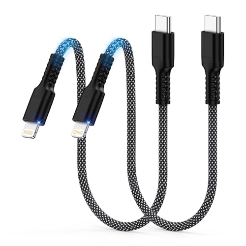 Image of GAEF Type C iPhone Charging Cable, 2 x 2 Lightning Cable, Short MFi Certified, 25 W, PD Fast Charging, Fast Data Transfer, Type-C to Lightning Cable, 11.8 inches (30 cm), Ultra Durable Nylon, C Type