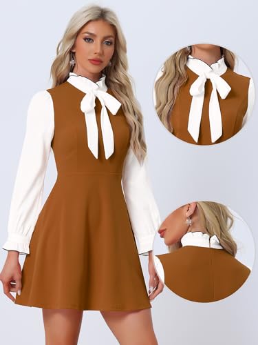 Image of Allegra K Tie Neck Dresses for Women's 1960s Vintage Long Sleeve Contrast Color Dress