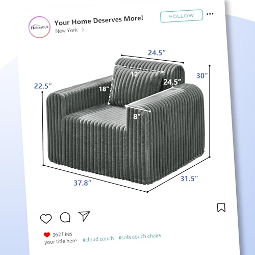 Image of Hobestluk Single Sofa Foam Couch Sofa for Small Spaces Comfy Sofas with Removable Cover Furry Couch with Pillows for Living Room, Bedroom, Apartment, Office (Grey, Standard)