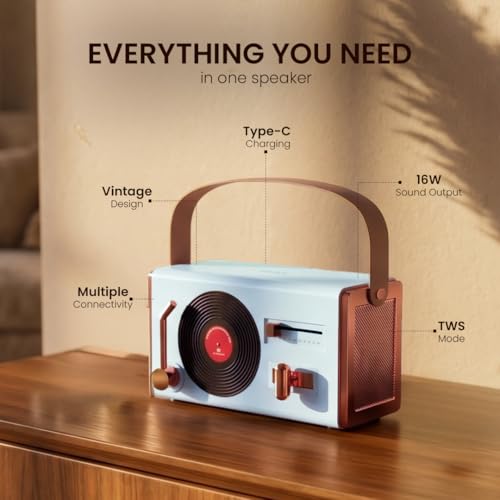 Image of Walta Elite Retro Pro Portable Bluetooth Speaker, 16W Vintage Style, TWS Mode, BT 5.4, USB /AUX /TF, Type-C Charging, 5Hrs Playtime, with Carry Strap
