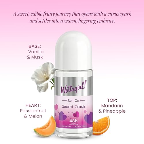 Image of Layer'r Wottagirl 100% Vegan Secret Crush Roll On for Women 50ml | Alcohol-free 48H odour protection with sweet fruity notes of mandarin, pineapple & vanilla. 100% vegan roll on.