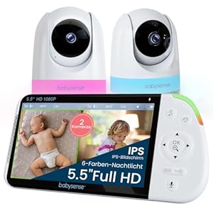 Babysense Full HD Split-Screen-Babyphone mit 2 Kameras, Nachtlicht in 6 Farben, Geräusch- & Lichtmaschine, 20-Stunden-Akku, abhörsichere Verbindung ohne WLAN
