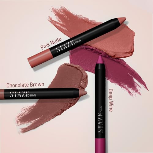 Image of Staze Matte Lip Crayon Bestselling Lipstick Combo Set of 3 | 12 Hr Long Stay | Sharpenable Transferproof & Waterproof Lip Crayon | Vitamin E & Jojoba Oil | Best for Gifting | Nude, Brown & Wine Shades