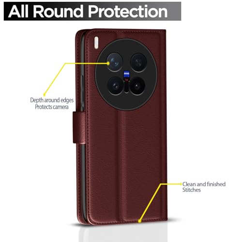 Image of Amazon Basics Flip Cover for Vivo X300 Pro 5G Leather Finish | Wallet Stand and Shock Proof | Inside TPU with Card Pockets | Complete Protection Flip Case (Brown)
