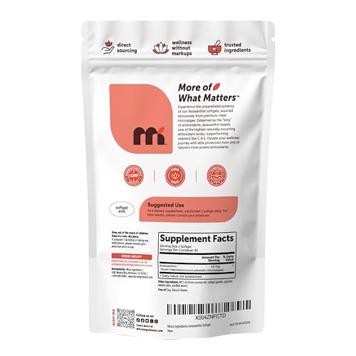 Image of Micro Ingredients Astaxanthin 12mg with MCT Oil, 45 Softgels | Premium Astaxanthin Antioxidant Supplements* | Fresh Microalgae Source | Triple Strength, Non-GMO, Gluten Free, No Soy