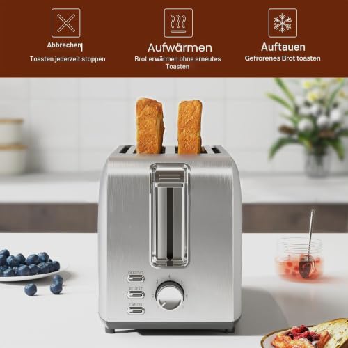 Toaster – 2 Scheiben, Toaster aus Edelstahl, 750 W, Toaster mit 2 großen Schlitzen...