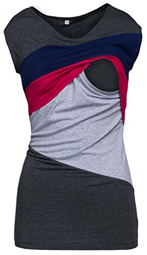 HAPPY MAMA Mujer Top Camiseta Premamá Lactancia Bloque De Color Doble Capa. 369p (Armada & Frambuesa, 38, M)