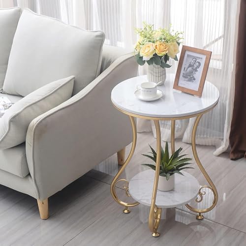 Image of Modern Double-Top Coffee Table with Rustic Farmhouse Accent, Multipurpose Living Room Bedroom, Two-Tier Small Sofa Side Bedside Table with Metal Frame Nightstand (Gold White)