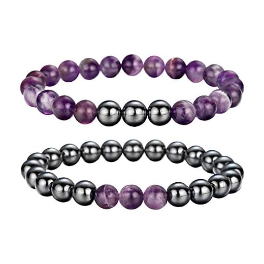 Lullabb 2pcs Magnetic Hematite Bracelets for Women Couple Therapy Bracelet for Men Amethyst Natural Gemstones Stretch Beaded Reiki Healing Bracelets Anxiety Relief for Carpel