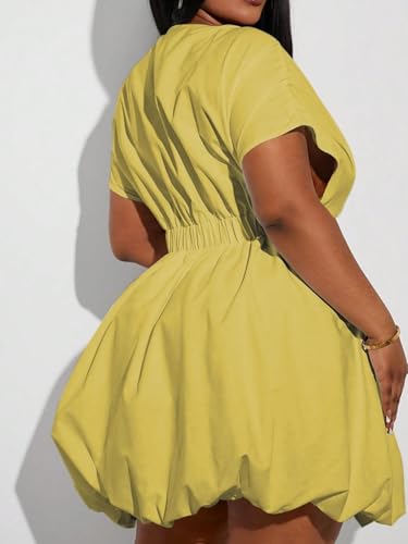 Image of WDIRARA Women's Plus Size Deep V Neck Bubble Dress Short Sleeve A Line Mini Dresses