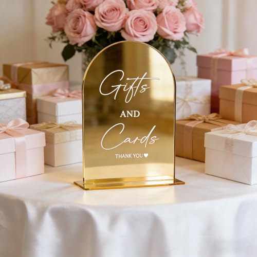 Acrylic Wedding Sign with Stand 5x7 inch Gold mirror Arched Wedding Table Signs and Base 1/8 Thick Arch TableTop for Wedding Reception & Event Party Table (Cards and Gifts Sign)