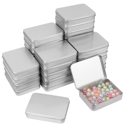 IHDYPPEW 30 Pack Silver Metal Tins with Hinged Lid, Rectangular Hinged Tins for Mini Candles, Keys, Cosmetics, Candy (4.5 x 3.3 x 0.9 Inch)