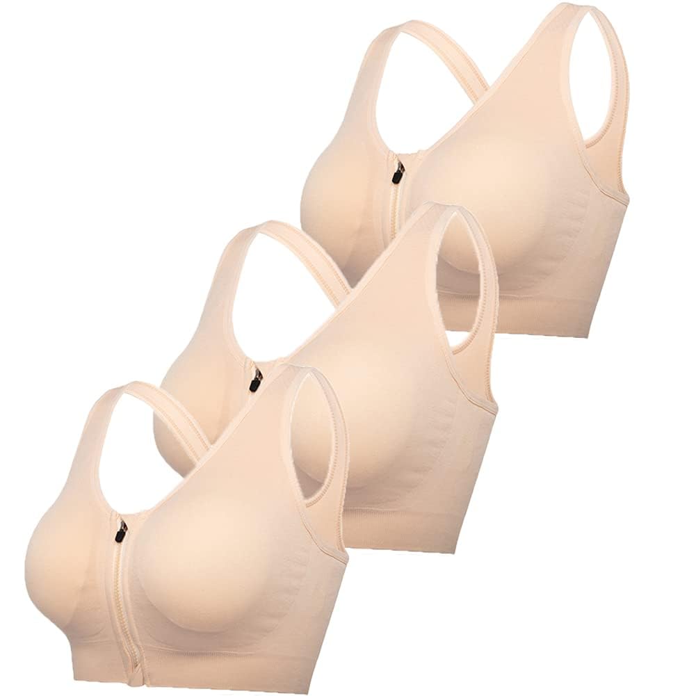 Sujetador deportivo con cremallera frontal, brasier postoperatorio, brasier de yoga, entrenamiento, fitness, ropa deportiva, brasier acolchado para mujer (3 piezas), Paquete de 3 (beige), XL