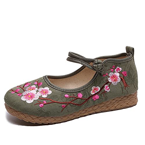 Plum Embroidered Women Casual Cotton Fabric Ballet Flats Handmade Ladies Comfort Canvas Platform Shoes Embroidered Shoes (Color : Beige Size : 7.5)