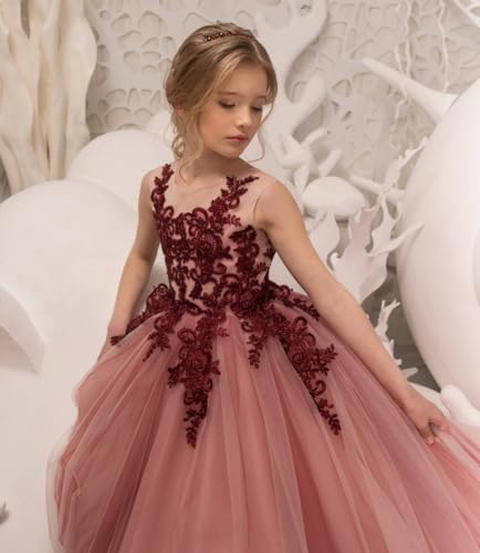 Lace Appliaue Flower Girl Dress Tulle Pageant Dress for Girls Long Sleeveless Princess Party Ball Gown3