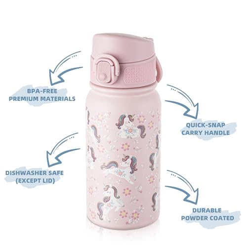 Image of GOPPUS Kids 12oz Insulated Stainless Steel Water Bottle, Leakproof Vacuum Tumbler with Carry Handle, Fits Cup Holders, Reusable Water Bottle for School Outdoor, Boys & Girls(Pink Unicorn)