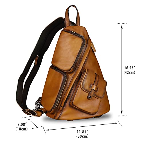 Ivtg Genuine Leather Sling Bag Crossbody Casual Hiking Daypack Vintage Handmade Chest Bag Shoulder Backpack Motorcycle Pack Rucksack (Brown) #TOP3